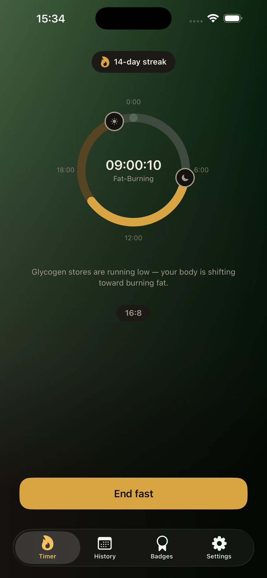 Fern timer mid-fast, showing a 14-day streak and the Fat-Burning stage