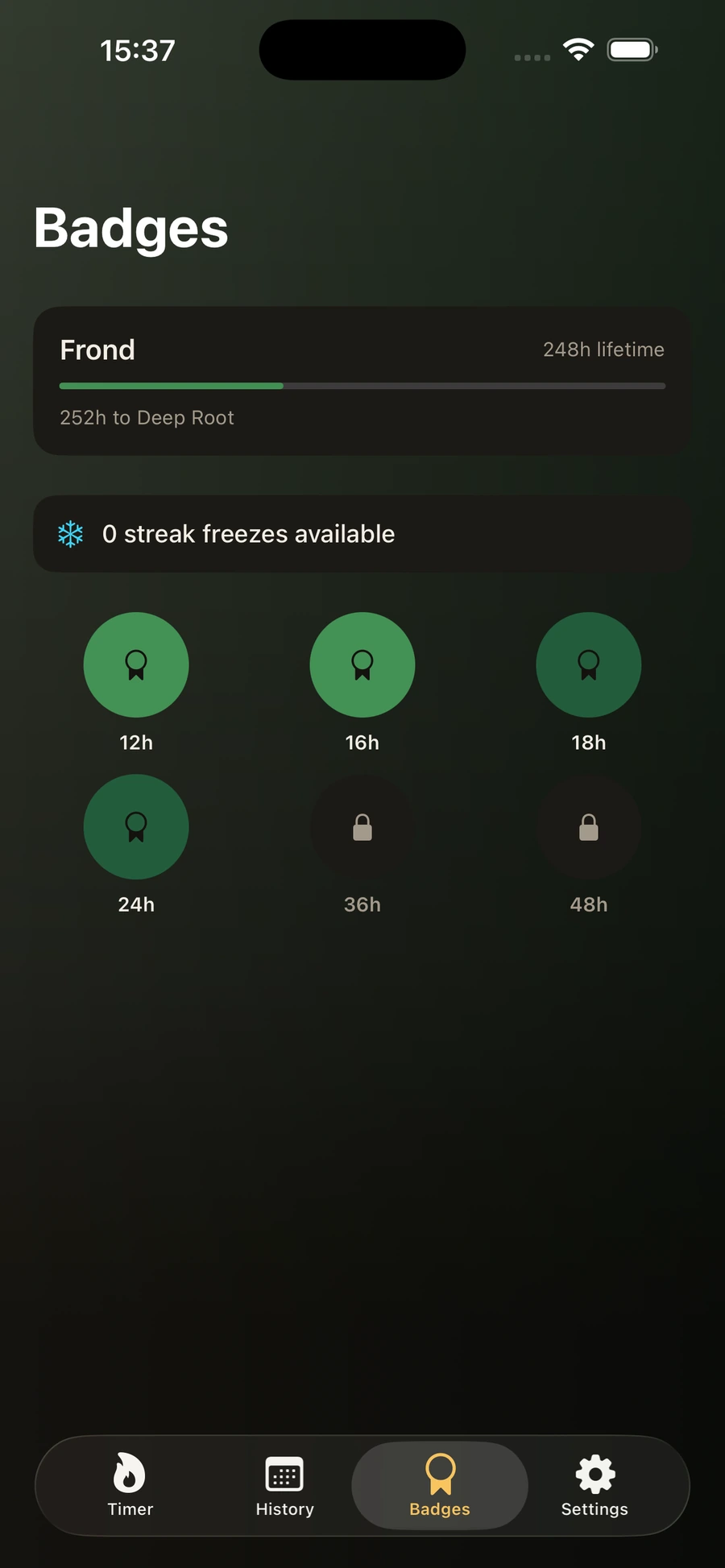 Fern badges screen, Frond level, four of six badges unlocked
