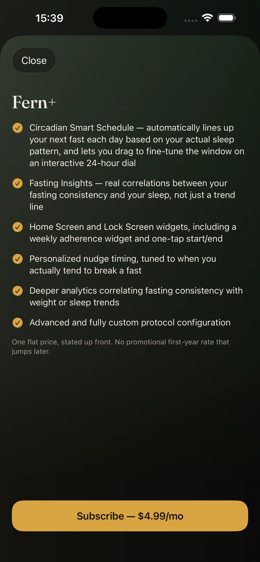 Fern+ subscription screen